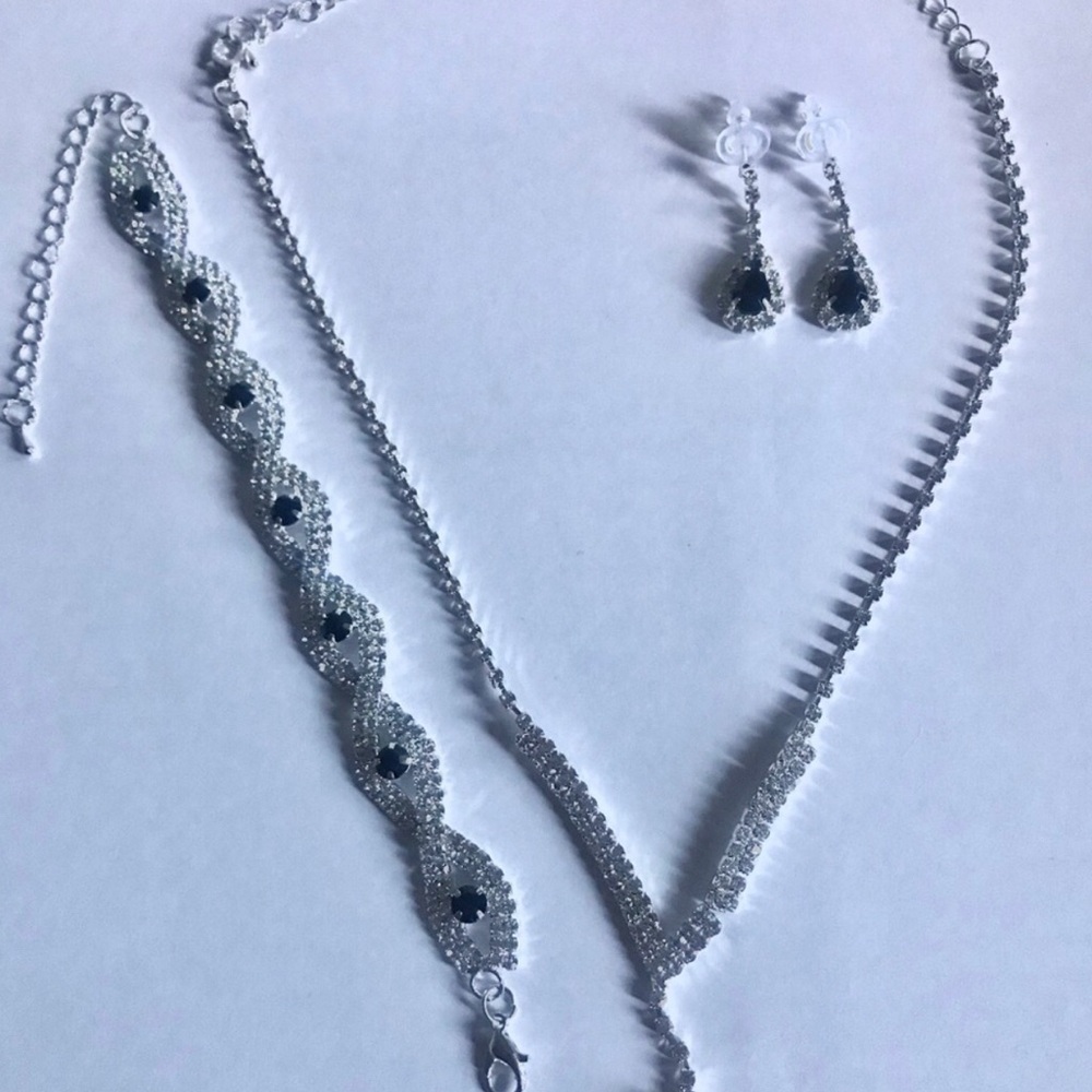 Sterling Silver Crystal Necklace, Bracelet & Earrings Set with Black Stones